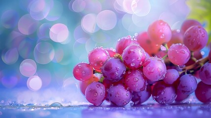 Wall Mural - Fresh, ripe red grapes with water drops on a colorful background.  Concepts of healthy eating, freshness, fruit, and vitamins.