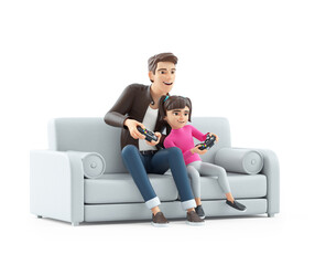 Wall Mural - 3d cartoon man playing video game with his daughter