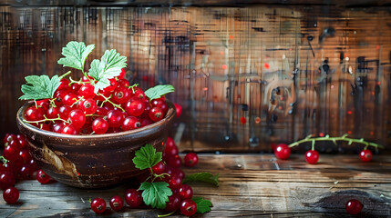 Wall Mural - Ripe red currants in a bowl on a wooden table Organic summer food with copy space