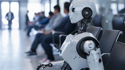 Poster - Robot waiting in a sleek office waiting area with diverse job applicants. Integration of AI in professional environments.