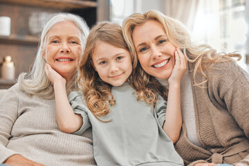 Wall Mural - Portrait, happy kid and mom with grandmother in home for care, relax and bonding on womens day. Generations, grandparent and face of mother with girl in lounge for support, love and family on sofa