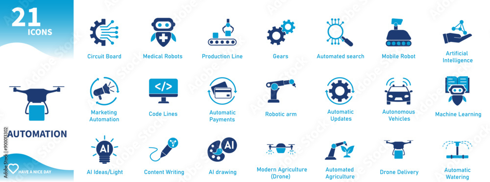 Automation Icon Set. Set of icons of robotic arm, drone delivery ...