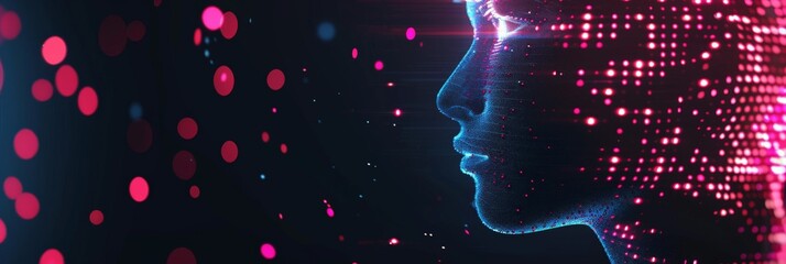 Poster - Side profile of a human face with digital neon lights and dots. Concept of AI and technology.