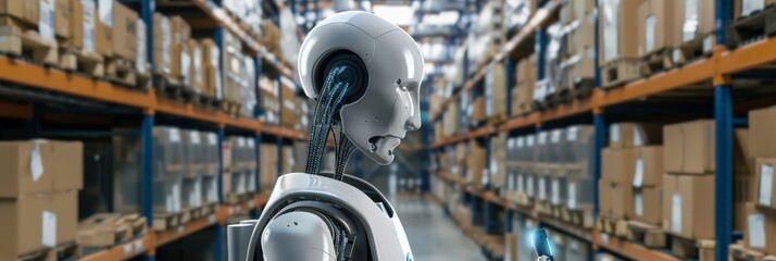 Poster - Humanoid robot in a warehouse with shelves of boxes. Concept of AI integration in logistics and storage solutions.