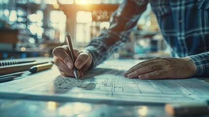 Aufkleber - Engineer meticulously drawing architectural plans on a desk in a sunlit office. Represents construction industry and careful project planning.