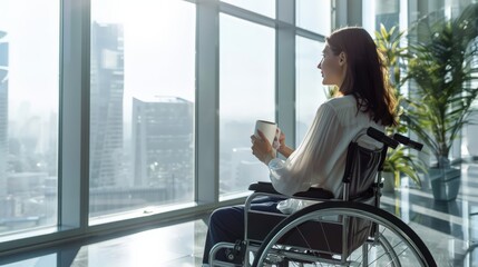 Aufkleber - Woman in a wheelchair enjoying a coffee break in a bright office with a city view. Highlighting work-life balance and accessibility.