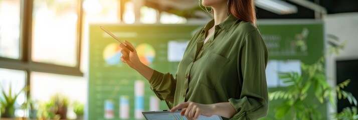 Aufkleber - Woman in green shirt holding a tablet while pointing at a chart on a presentation screen. Business presentation and data analysis concept in a modern office.