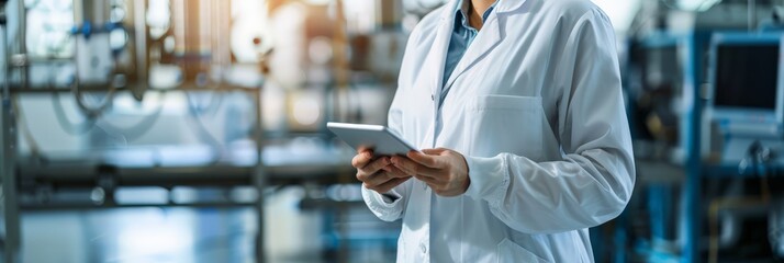 Poster - Female engineer in lab coat using a digital tablet in a high-tech industrial setting. Women in engineering and technology innovation.