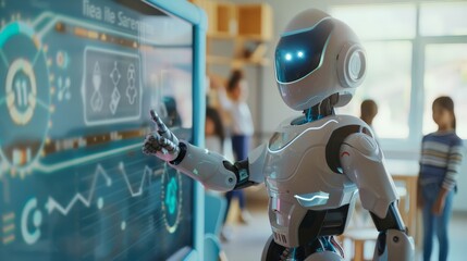 Poster - Advanced humanoid robot teaching a class of students using a large interactive screen. Cutting-edge AI technology in modern education environments.
