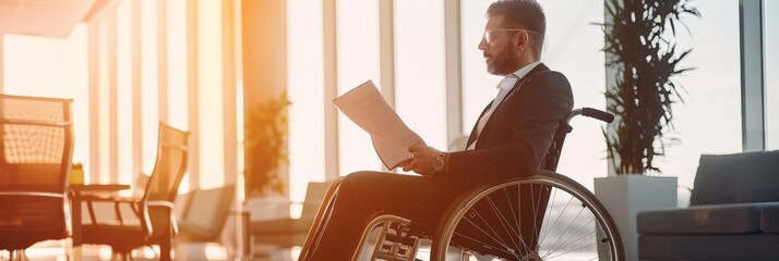 Aufkleber - Disabled man in a wheelchair reading documents in a sunlit office. Accessibility and inclusive employment.