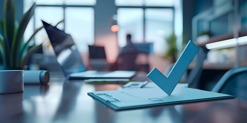 Poster - Light blue check mark on sheet of paper on desk, blurred office background