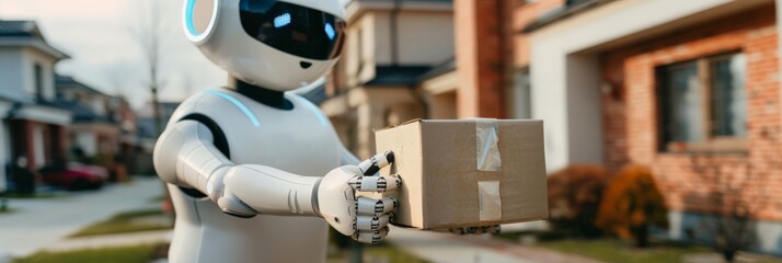 Poster - Robot delivering a package in a suburban neighborhood. Advanced technology and automation in everyday life