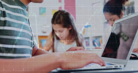 Poster - Image of graph over hands of caucasian boy using laptop at school