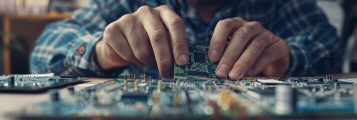 Aufkleber - Engineer working on an advanced circuit board with holographic tech elements in a modern workspace. Represents innovation and future of technology.