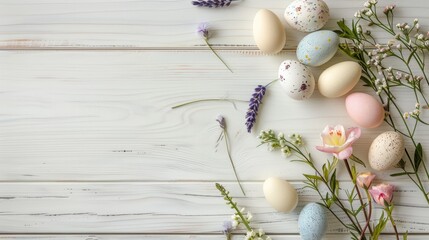 Canvas Print - Floral and egg filled Easter scene on white boards