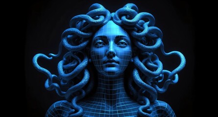 Wall Mural - blue theme medusa statue grid lines hologram projection on plain black background with copy space