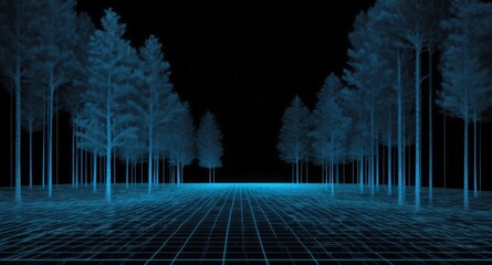 Poster - digital forest landscape blue grid lines hologram projection on plain black background with copy space