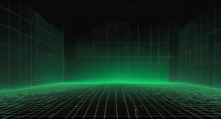 Poster - digital forest landscape green grid lines hologram projection on plain black background with copy space