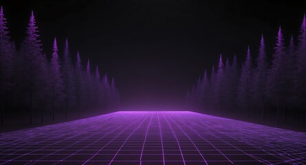 digital forest landscape purple grid lines hologram projection on plain black background with copy s