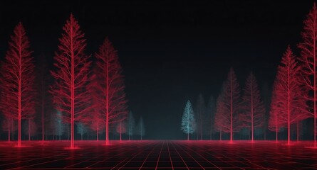 Wall Mural - digital forest landscape red grid lines hologram projection on plain black background with copy space