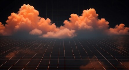 Poster - orange clouds grid lines hologram projection on plain black background with copy space