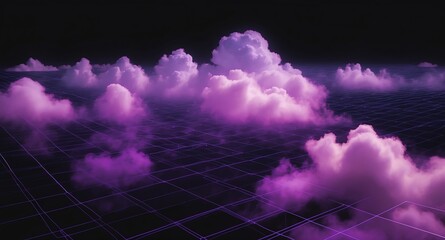 Wall Mural - purple clouds grid lines hologram projection on plain black background with copy space