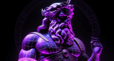 Wall Mural - purple theme greek god zeus statue grid lines hologram projection on plain black background with copy space