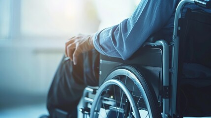 Poster - Close-up of a person in a wheelchair by a window with bright light. Accessibility and independence.