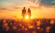 © panumas - Silhouette of a couple holding hands, standing in a field of flowers at sunset with a warm, golden sky.