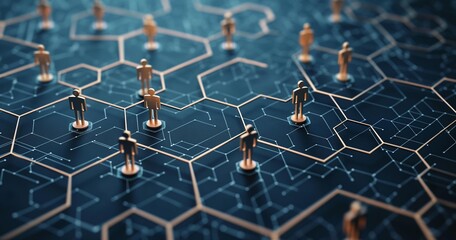 Aufkleber - A network of interconnected hexagons with wooden figures standing on nodes, illustrating a complex structure against a blue background.