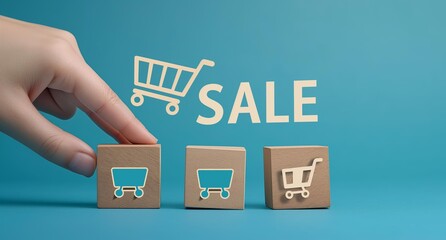 Poster - A hand pushing wooden blocks with shopping cart icons and text SALE on a blue background.