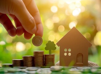Poster - A hand is adding coins to the stack next to an abstract house and tree cutout, symbolizing saving or investment for housing.