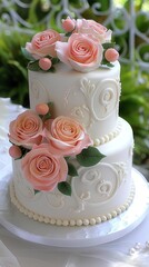 two tier wedding cake with pink roses on table