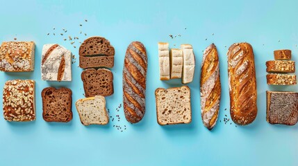 Wall Mural - Varieties of organic bread on blue backdrop