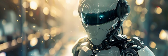 Poster - Advanced humanoid robot in a high-tech environment with glowing eyes. Depiction of cutting-edge AI and future technology.