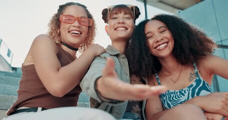 Poster - Selfie, happy people or friends with fashion in city on holiday vacation with youth culture, streetwear or smile. Trendy, women or stylish urban clothing with social media, cool or diversity together