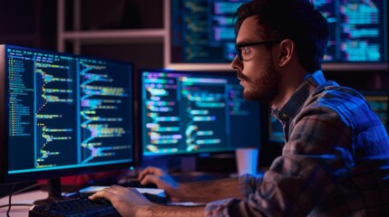 Aufkleber - A man is sitting in front of two computer monitors