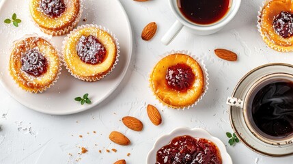 Poster - Mini cheesecakes with jam and almonds served with coffee on a white surface