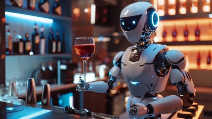 Poster - Robot bartender serving a drink in a modern bar. Futuristic technology and AI.
