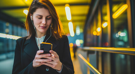 Woman using smartphone with earphones in modern office building. Professional communication and technology concept. Businesswoman connecting with mobile device. Urban work environment.