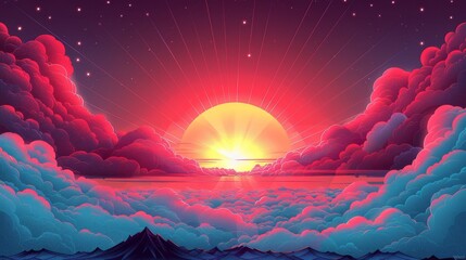 Wall Mural - An abstract geometric illustration of the sun and sky in a cartoon style.