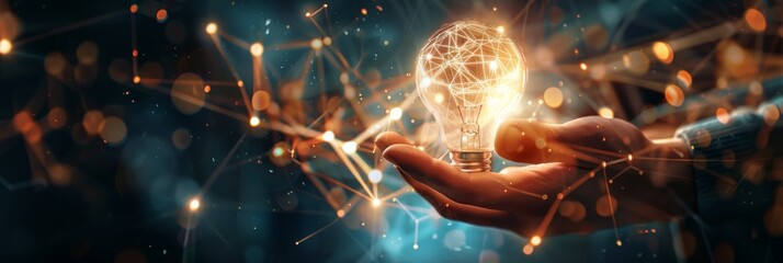Poster - Close-up of a hand holding a glowing light bulb with network connections in the background. Concept of innovation, technology, and bright ideas.