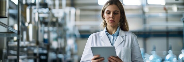 Poster - Female engineer in a lab coat working on a tablet in a modern industrial facility. Technology and innovation in engineering