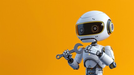 Poster - Small robot holding a wrench against a bright orange background. Concept of robotics in engineering and maintenance.