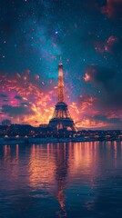 The Eiffel tower at night with a starry sky. 