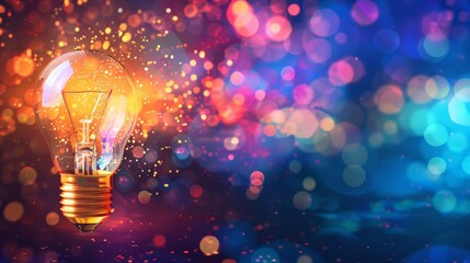 Poster - Colorful light bulb with vibrant bokeh lights in the background. Creativity and inspiration concept.