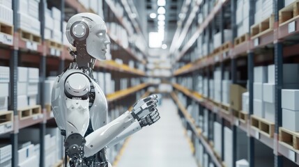 Poster - Humanoid robot in a warehouse aisle. Concept of AI integration in modern storage and inventory management.