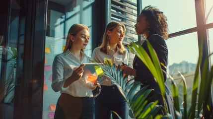Poster - Three women are standing in front of a plant, one of them holding a tablet