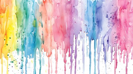 Wall Mural - Rainbow coloful watercolor dripping paint, paint splashes with drips, paper textured background 