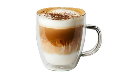 Wall Mural - Foamy coffee cappuccino with wiped milk and coco powder on top, in double glass mug isolated on white background.